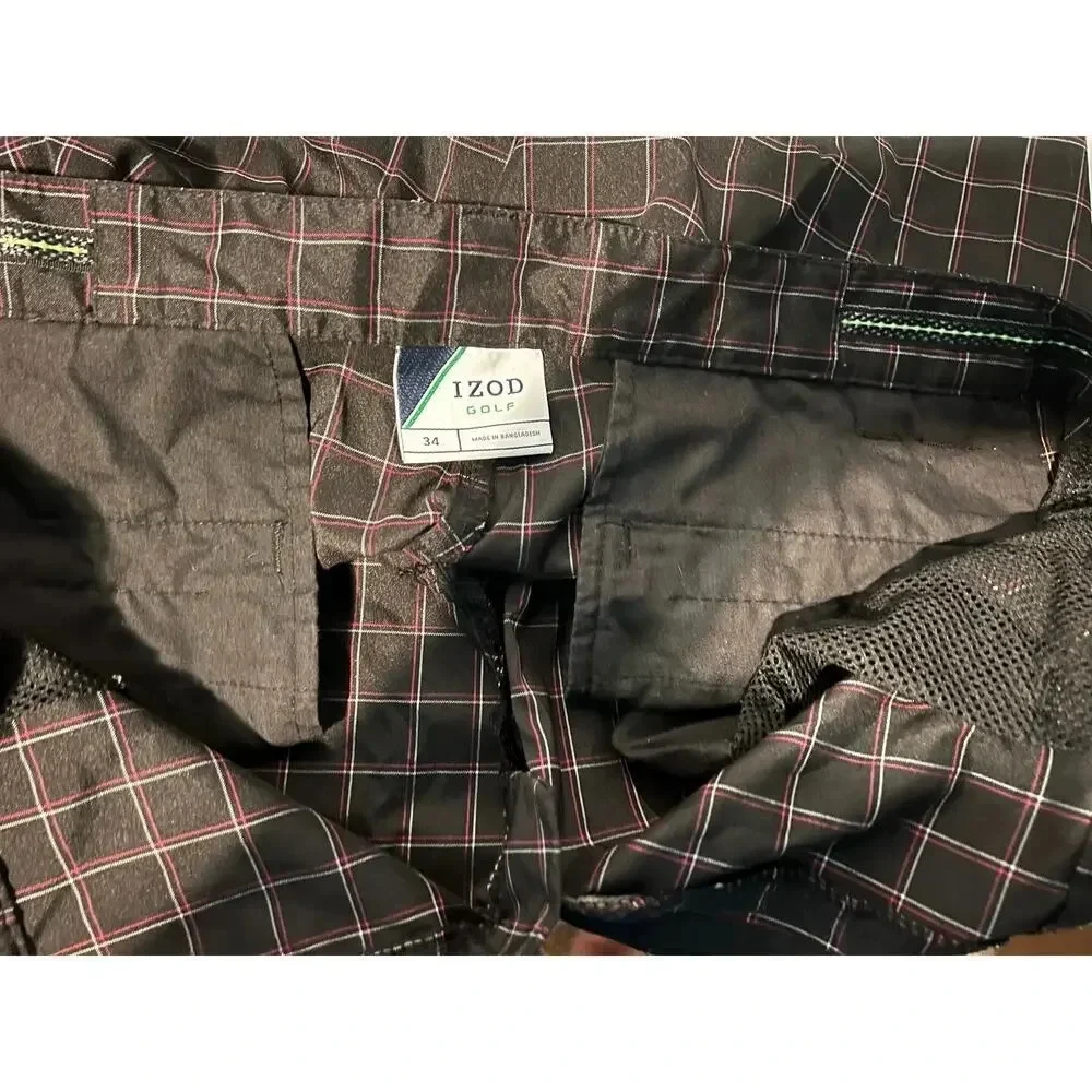 Izod Golf, 34,black‎ gray red plaid stripe Bermuda logo shorts